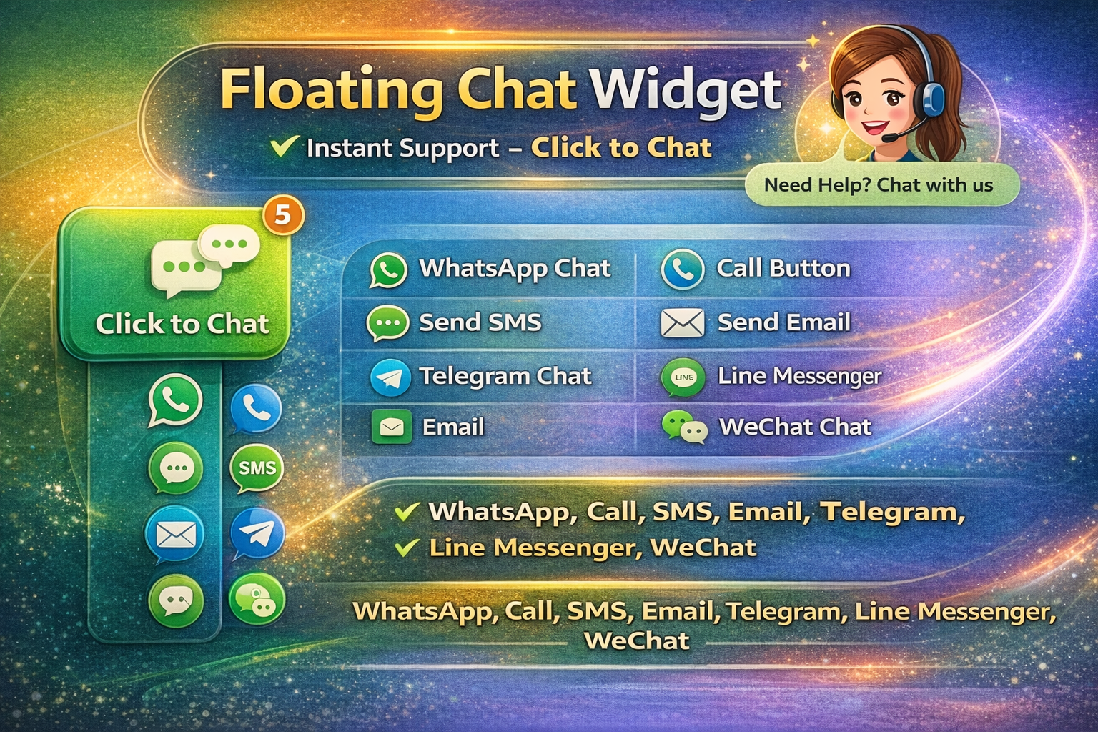 Click to Action : Floating Chat Widget: Contact Chat Icons, Telegram Chat, Line Messenger, WeChat, Email, SMS, Call Button, WhatsApp